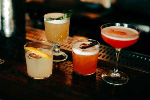 A selection of vibrant cocktails in a bar setting, perfect for nightlife and celebrations.